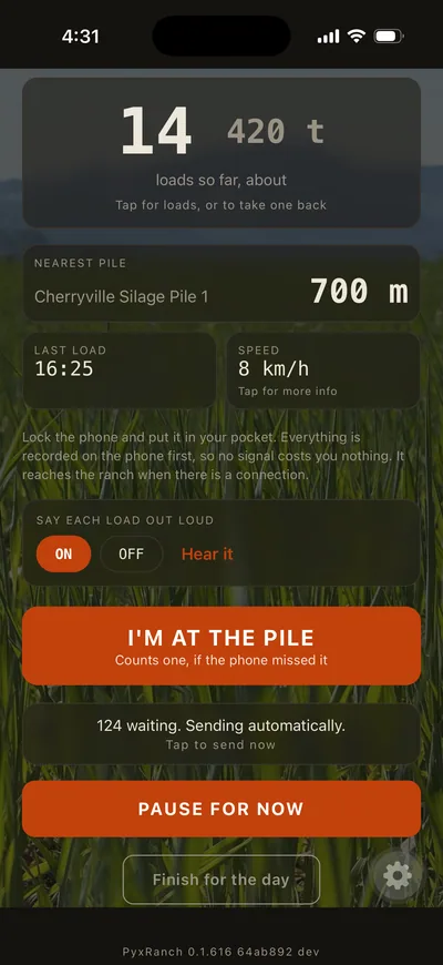 Silage Mode on a phone: fourteen loads so far, about 420 tonnes